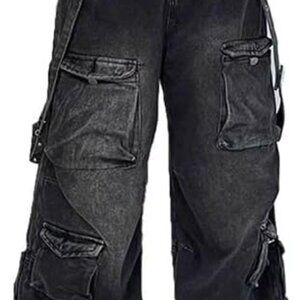 Chic Black Wide Leg Cargo Pants for Women - Casual Baggy Street Style